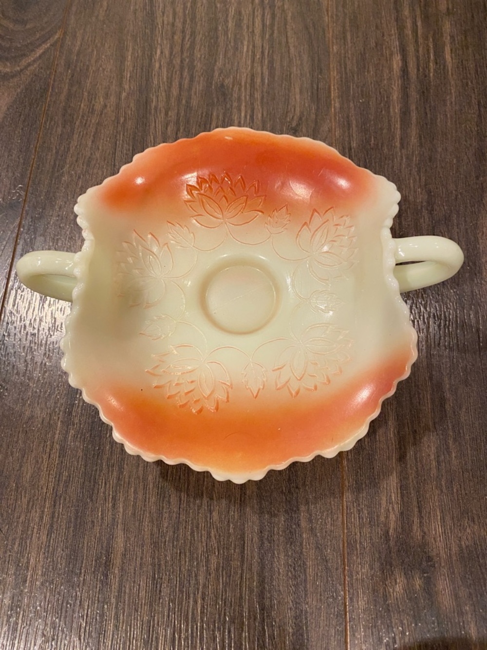 Vintage Two-Handled Milk Glass Bowl with Orange Fade